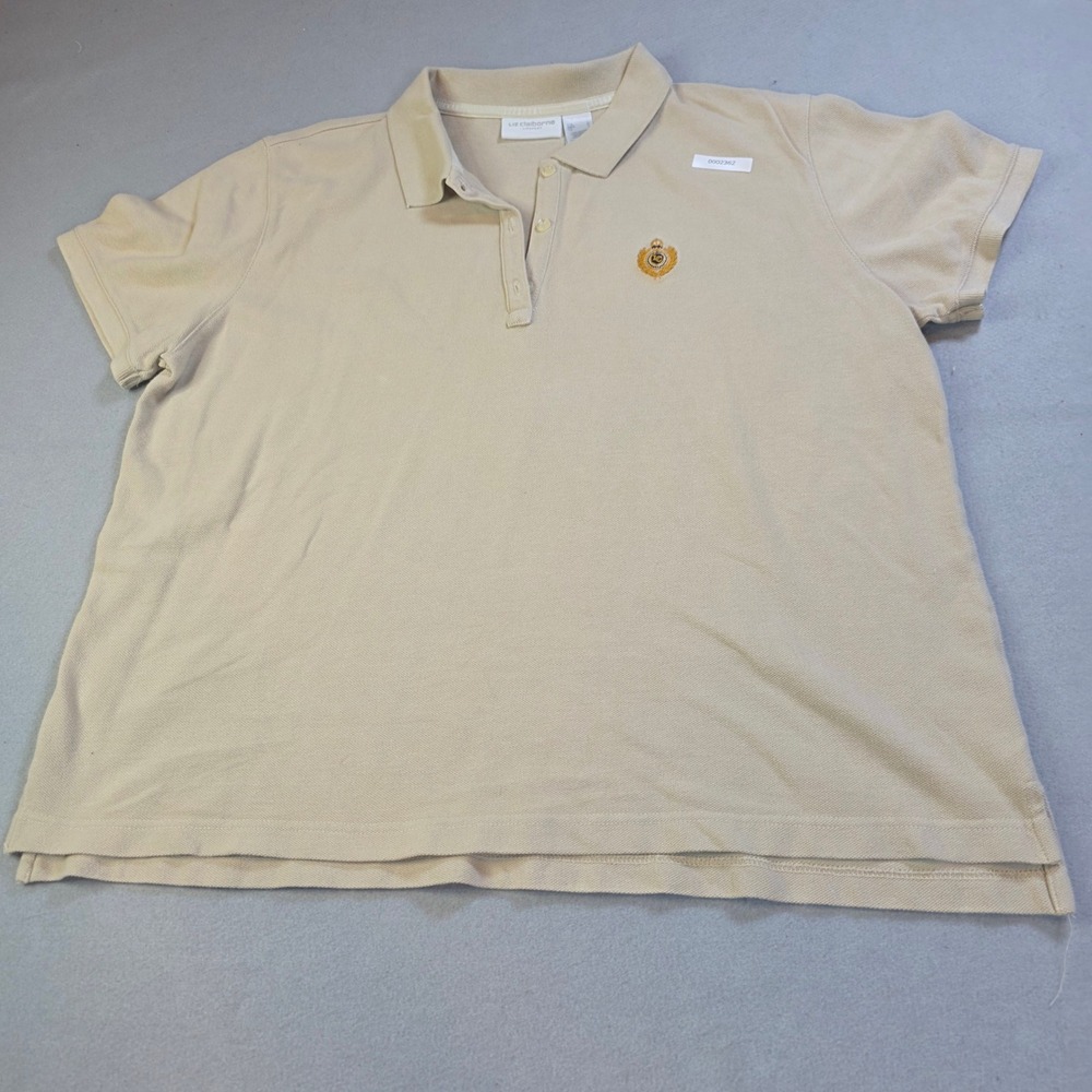 Liz Claiborne Lizsport Tan Beige Cotton Polo Shirt Embroidered Crest Logo Mens L